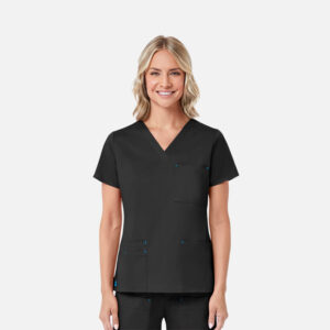 Maevn-Women's 3 Pocket V-Neck Top – Blossom 1202-Black / Pacific Blue