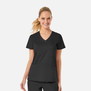 Maevn-Women's Back Mesh Panel Curved V-Neck Top – EON 1738-Black