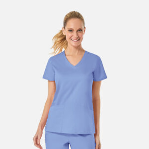 Maevn-Women's Back Mesh Panel Curved V-Neck Top – EON 1738-Ceil Blue