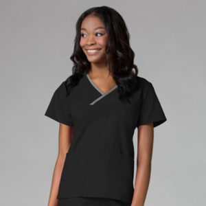 Maevn-Women's Contrast Mock Wrap Top – Core 1026-Black / Pewter