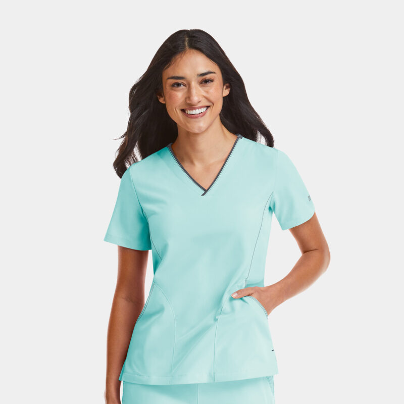 Maevn-Women's Contrast V-Neck Top – Matrix Impulse 4510-Aruba Blue / Pewter