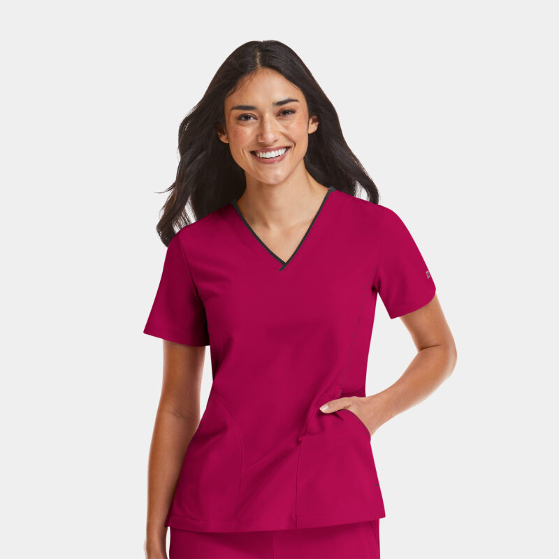 Maevn-Women's Contrast V-Neck Top – Matrix Impulse 4510-Cherries Jubilee / Black