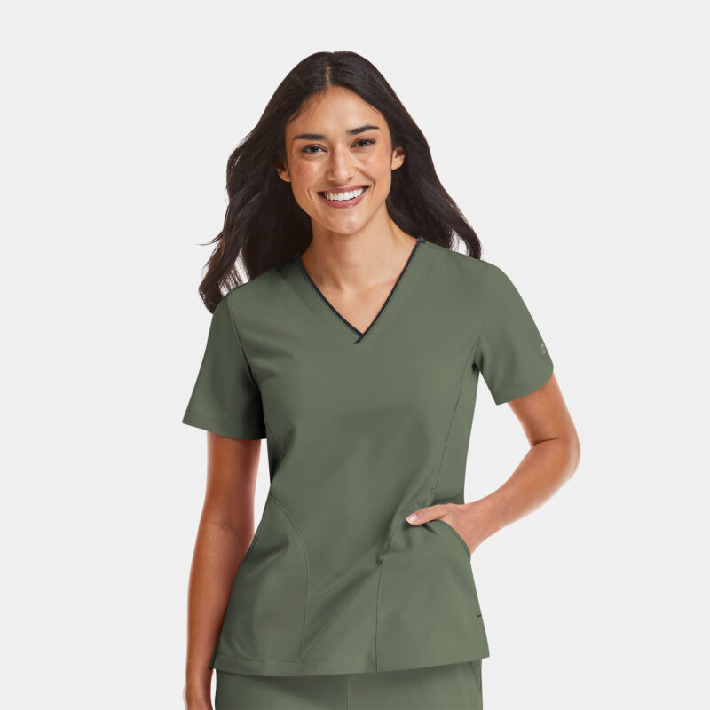 Maevn-Women's Contrast V-Neck Top – Matrix Impulse 4510-Olive / Olive