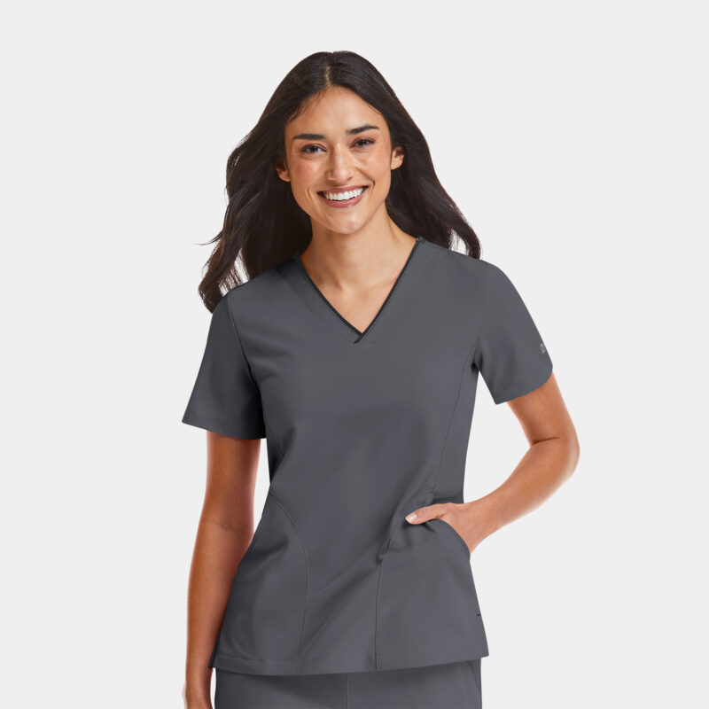 Maevn-Women's Contrast V-Neck Top – Matrix Impulse 4510-Pewter / Black