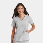 Maevn-Women's Contrast V-Neck Top – Matrix Impulse 4510-Quiet Grey / Navy