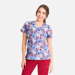 Maevn-Women's Curved V-Neck Print Top – Prints 1797-Americana Bows