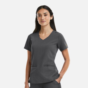 Maevn-Women's Curved V-Neck Top with Metallic Detail – Matrix Pro 3902-Heather Grey