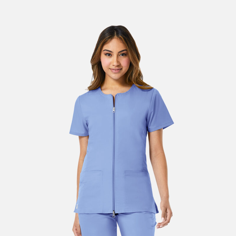 Maevn-Women's Mesh Panel Short Sleeve Zip Front Jacket – EON 8728-Ceil Blue