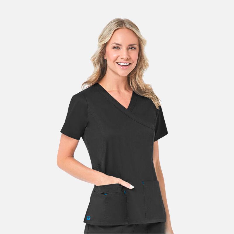 Womens-Mock-Wrap-Top-–-Blossom-1102-Black-Pacific-Blue Maevn-Women's Mock Wrap Top – Blossom 1102-Black / Pacific Blue
