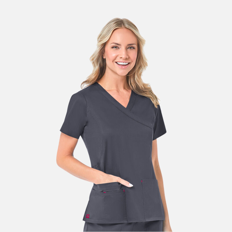 Maevn-Women's Mock Wrap Top – Blossom 1102-Charcoal / Crimson